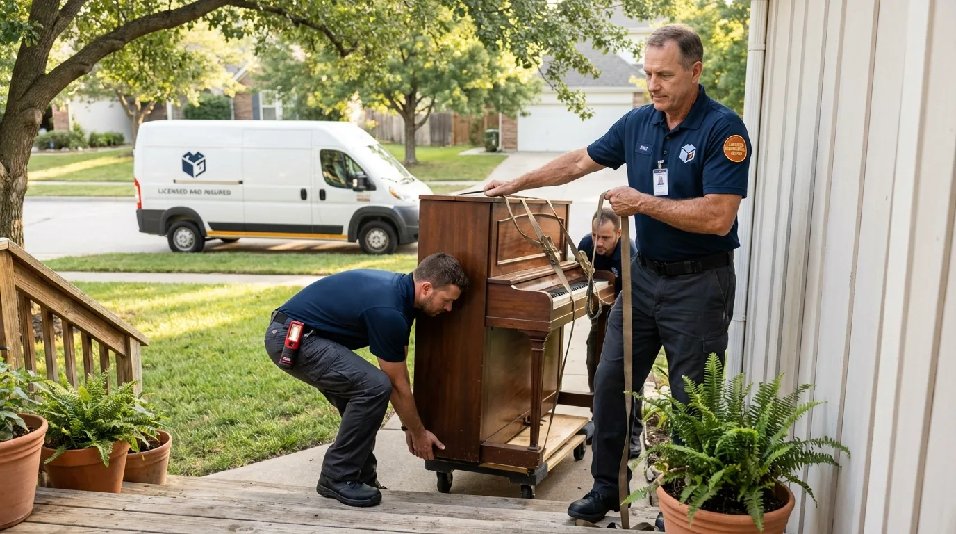 Licensed piano movers securing grand piano in Fort Irwin, CA