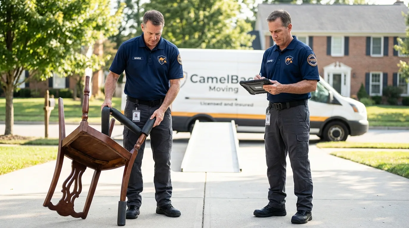 Movers inspecting furniture for damage prevention before loading in Fort Irwin, CA