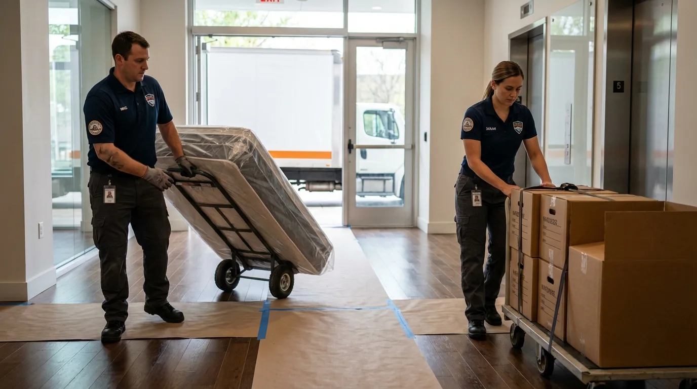 Professional apartment movers loading elevator in Fort Irwin, CA