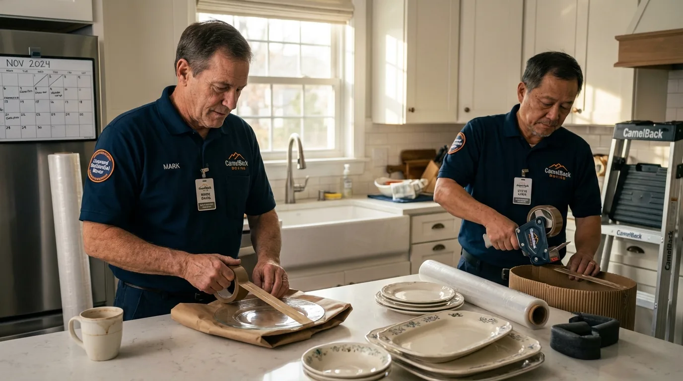 Professional crew packing kitchen dishware in Fort Irwin, CA